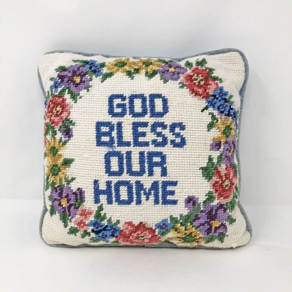Vintage God Bless Our Home Needle Point Pillow, Mid Century Needle Point - Picture 1 of 9
